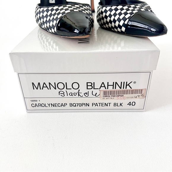 MANOLO BLAHNIK || Black White Cap Toe Woven Leather SlingBack Pointed Pumps - Picture 3 of 16